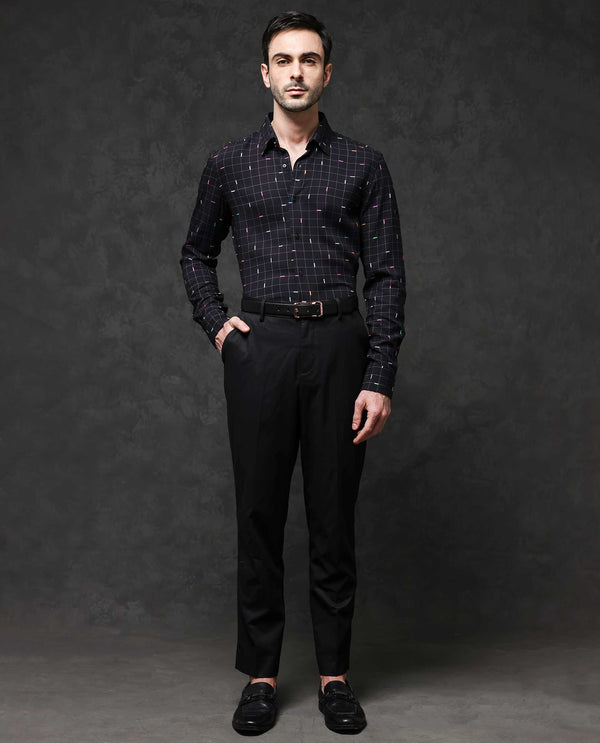 Rare Rabbit Mens Minor Black Viscose Fabric Full Sleeve Geometric Print Shirt