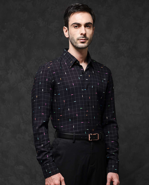 Rare Rabbit Mens Minor Black Viscose Fabric Full Sleeve Geometric Print Shirt