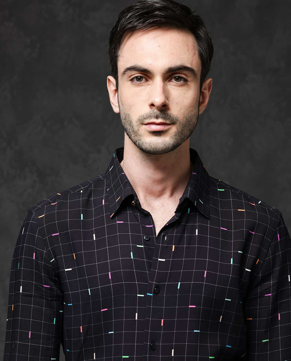 Rare Rabbit Mens Minor Black Viscose Fabric Full Sleeve Geometric Print Shirt