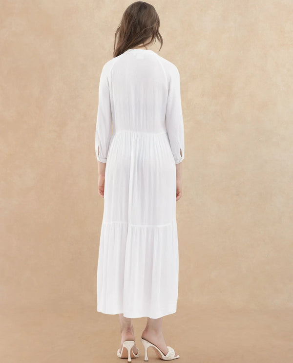 Rareism Women Miltry Light White Viscose Fabric Full Sleeves Mandarin Collar Raglan Sleeve Fit And Flare Plain Maxi Dress