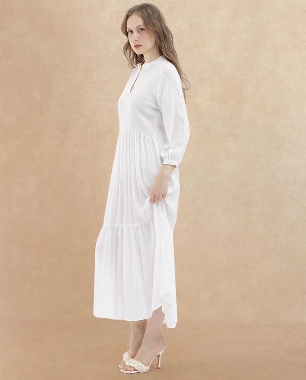 Rareism Women Miltry Light White Viscose Fabric Full Sleeves Mandarin Collar Raglan Sleeve Fit And Flare Plain Maxi Dress