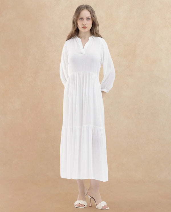 Rareism Women Miltry Light White Viscose Fabric Full Sleeves Mandarin Collar Raglan Sleeve Fit And Flare Plain Maxi Dress