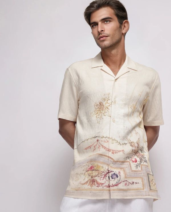 Rare Rabbit Men Mio Beige Viscose Fabric Half Sleeve Cuban Collar Button Closure Boxy Fit Placement Print Shirt