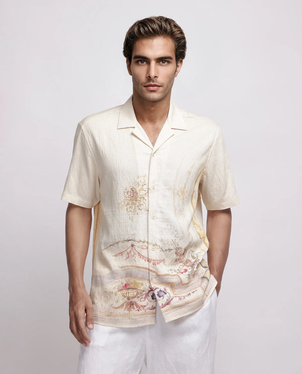 Rare Rabbit Men Mio Beige Viscose Fabric Half Sleeve Cuban Collar Button Closure Boxy Fit Placement Print Shirt