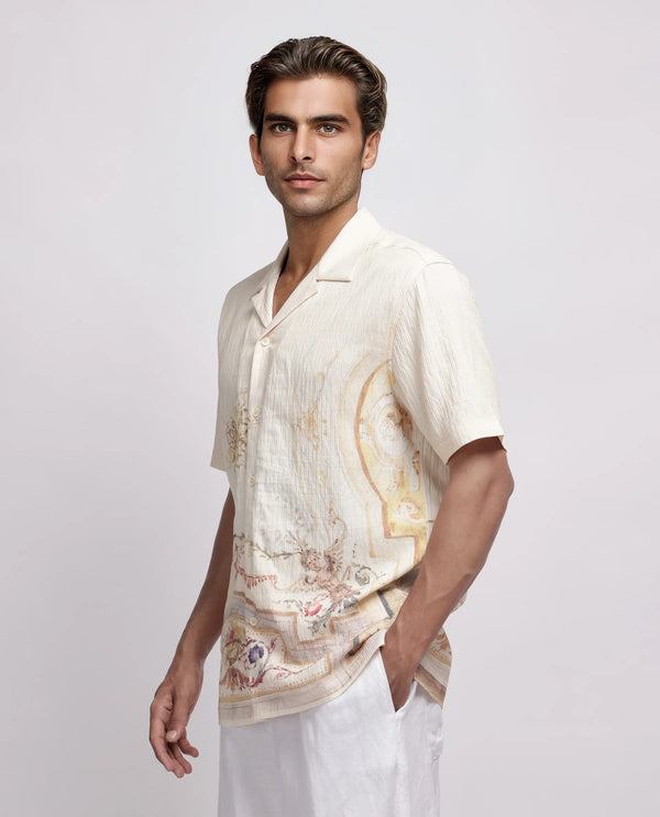 Rare Rabbit Men Mio Beige Viscose Fabric Half Sleeve Cuban Collar Button Closure Boxy Fit Placement Print Shirt