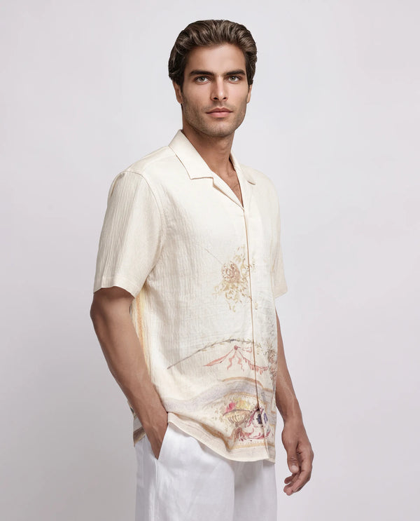 Rare Rabbit Men Mio Beige Viscose Fabric Half Sleeve Cuban Collar Button Closure Boxy Fit Placement Print Shirt