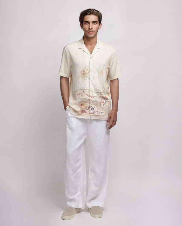Rare Rabbit Men Mio Beige Viscose Fabric Half Sleeve Cuban Collar Button Closure Boxy Fit Placement Print Shirt