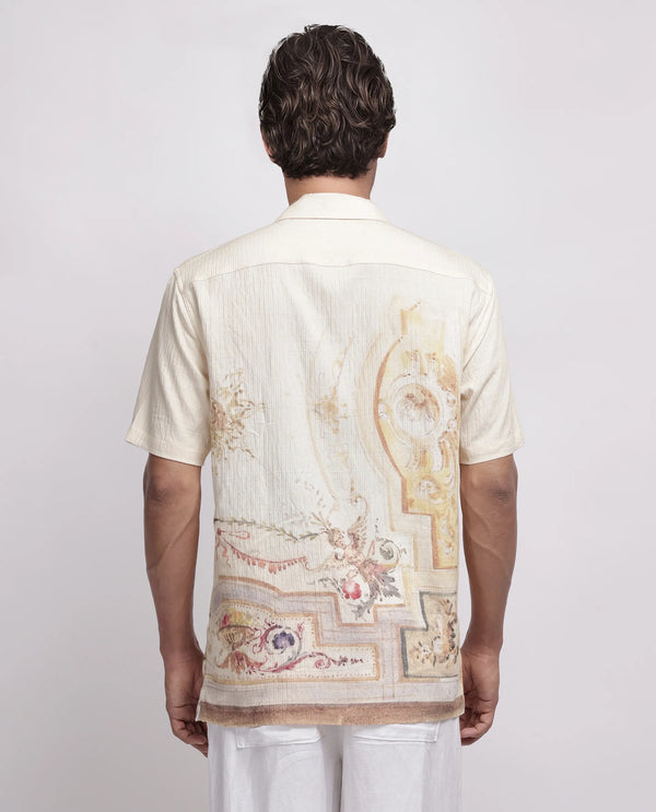 Rare Rabbit Men Mio Beige Viscose Fabric Half Sleeve Cuban Collar Button Closure Boxy Fit Placement Print Shirt