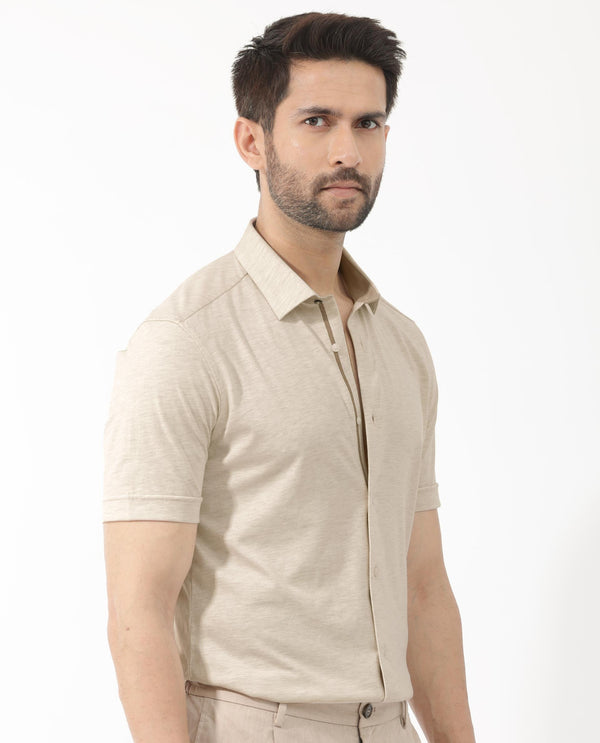 Rare Rabbit Men's Miraje Light Beige Cotton Fabric Half Sleeves Solid Melange Shirt