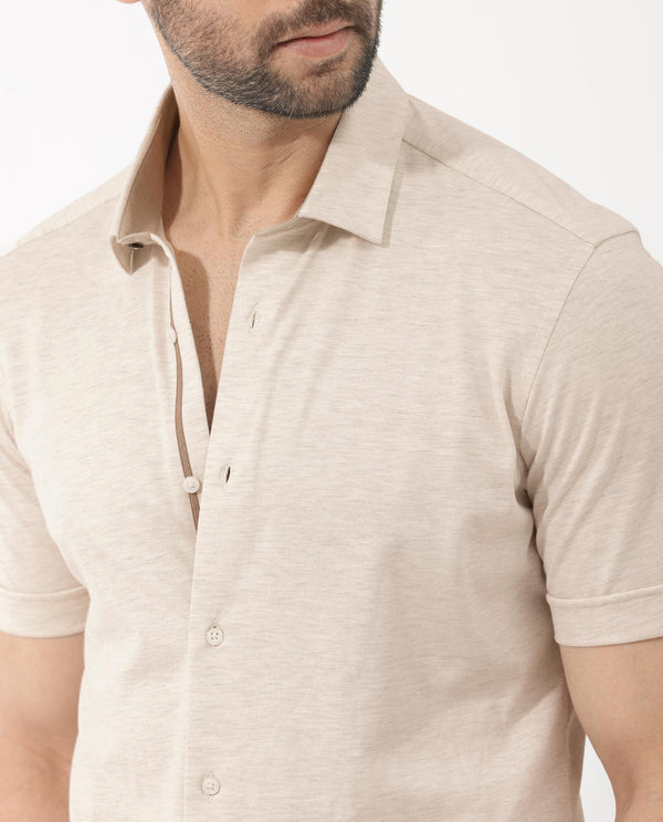 Rare Rabbit Men's Miraje Light Beige Cotton Fabric Half Sleeves Solid Melange Shirt