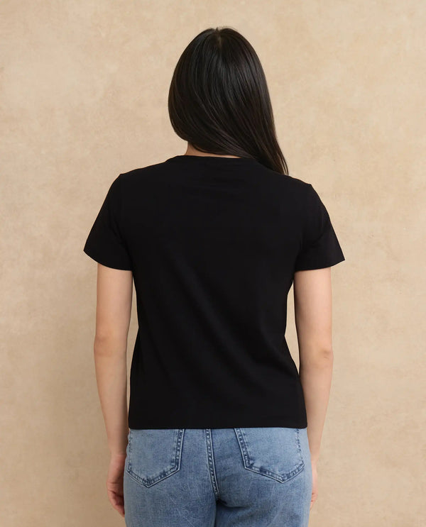 Rareism Women Mirth Black Cotton Blend Fabric Short Sleeve Crew Neck Graphic Print T-Shirt