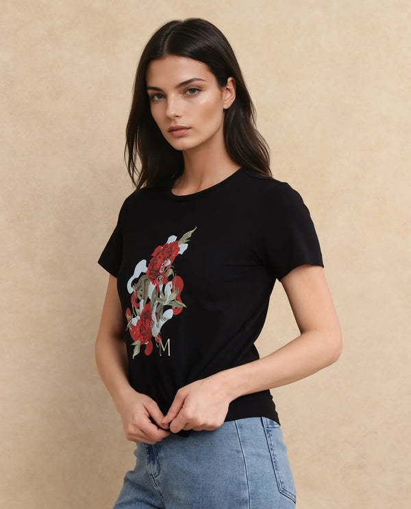 Rareism Women Mirth Black Cotton Blend Fabric Short Sleeve Crew Neck Graphic Print T-Shirt