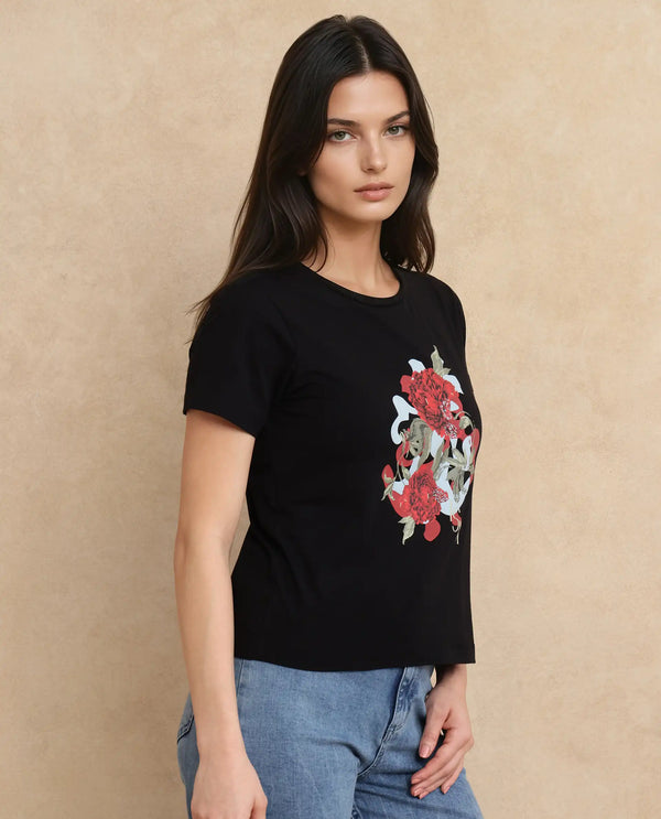 Rareism Women Mirth Black Cotton Blend Fabric Short Sleeve Crew Neck Graphic Print T-Shirt