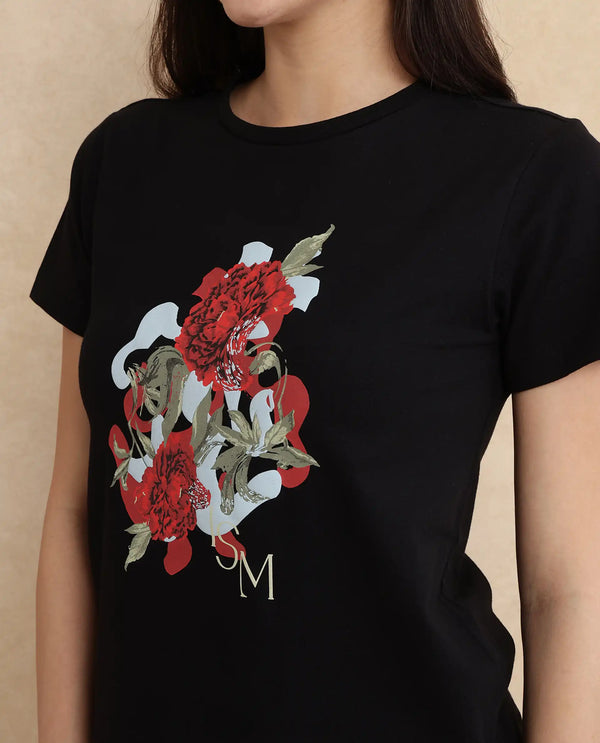 Rareism Women Mirth Black Cotton Blend Fabric Short Sleeve Crew Neck Graphic Print T-Shirt
