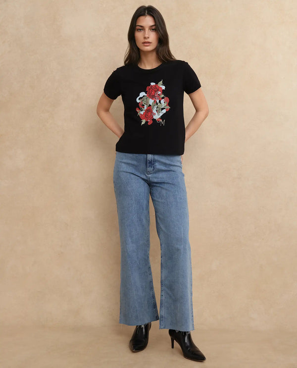 Rareism Women Mirth Black Cotton Blend Fabric Short Sleeve Crew Neck Graphic Print T-Shirt