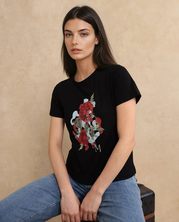 Rareism Women Mirth Black Cotton Blend Fabric Short Sleeve Crew Neck Graphic Print T-Shirt