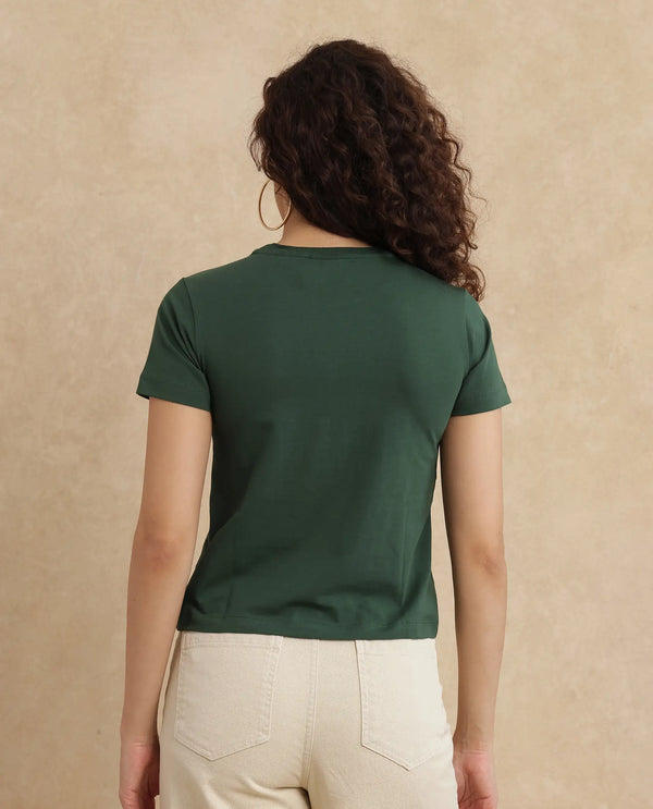 Rareism Women Mirth Olive Cotton Blend Fabric Short Sleeve Crew Neck Graphic Print T-Shirt
