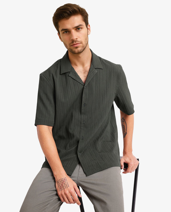 Rare Rabbit Men's Mirtilo Dark Green Polyester Fabric Short Sleeve Cuban Collar Self Stripe Textured Shirt
