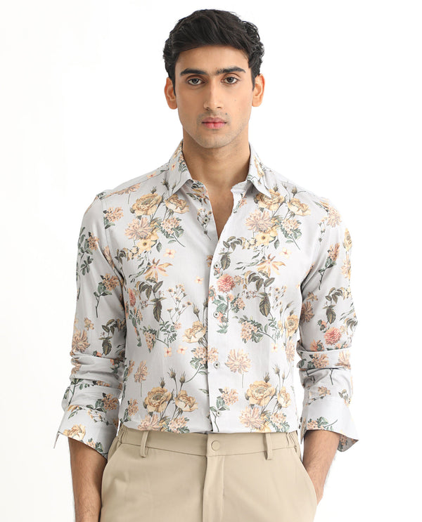 Rare Rabbit Men's Misa Grey Full Sleeves Floral Print Cotton Fabric Shirt
