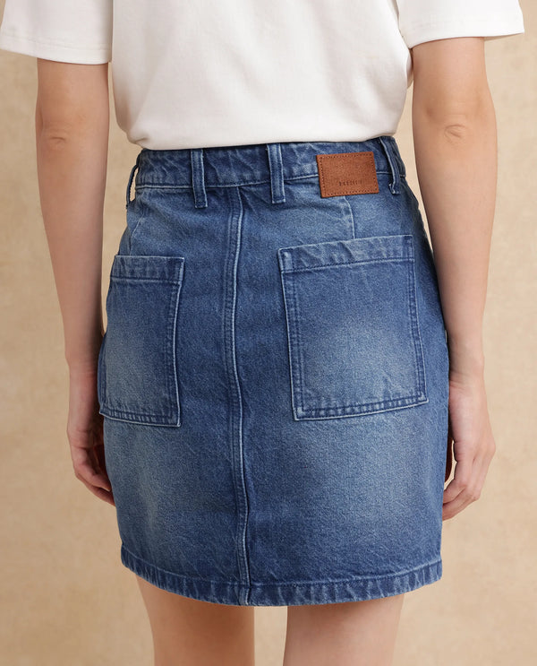 Rareism Women Misky Blue Cotton Fabric Regular Fit Plain Skirt
