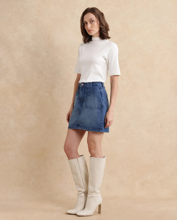 Rareism Women Misky Blue Cotton Fabric Regular Fit Plain Skirt