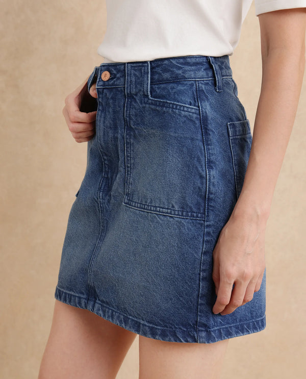 Rareism Women Misky Blue Cotton Fabric Regular Fit Plain Skirt