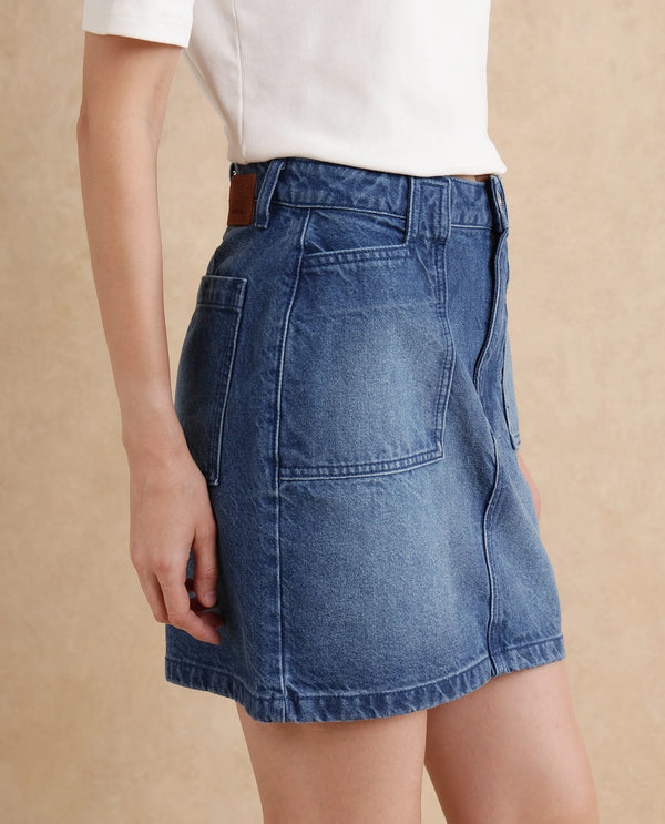 Rareism Women Misky Blue Cotton Fabric Regular Fit Plain Skirt