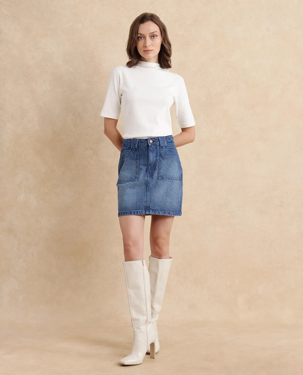 Rareism Women Misky Blue Cotton Fabric Regular Fit Plain Skirt