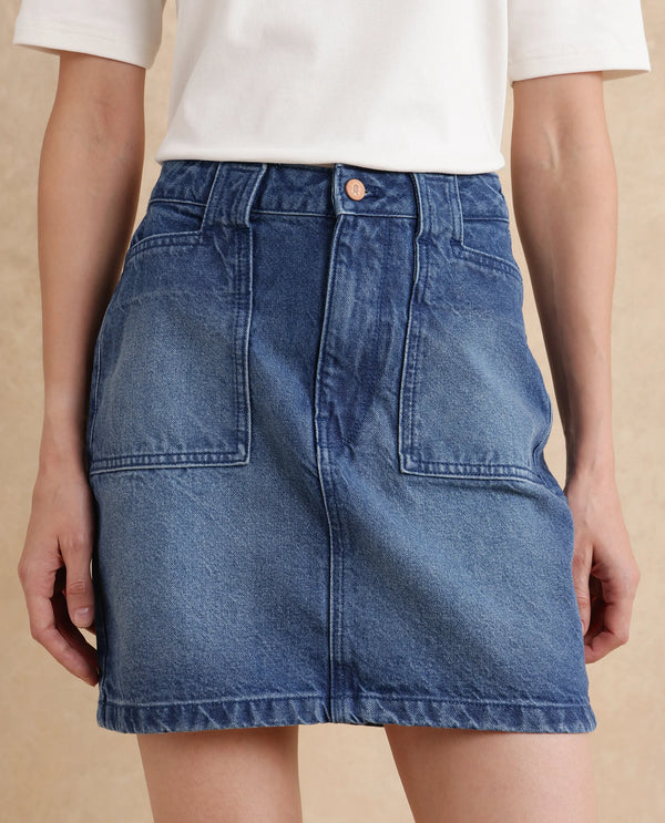 Rareism Women Misky Blue Cotton Fabric Regular Fit Plain Skirt