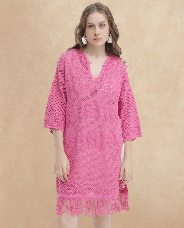 Rareism Women Mitsuko Pink Cotton Fabric 3/4Th Sleeves Button Closure Key Hole Neck Relaxed Fit Plain Knee Length Dress