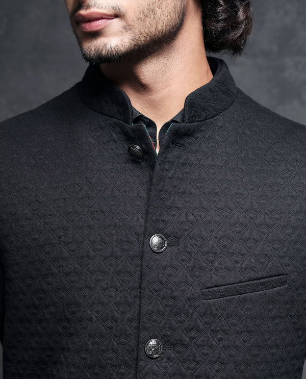 Rare Rabbit Men's Mitzi Black Mandarin Collar Tailored Fit Geometric Jacquard Bandi