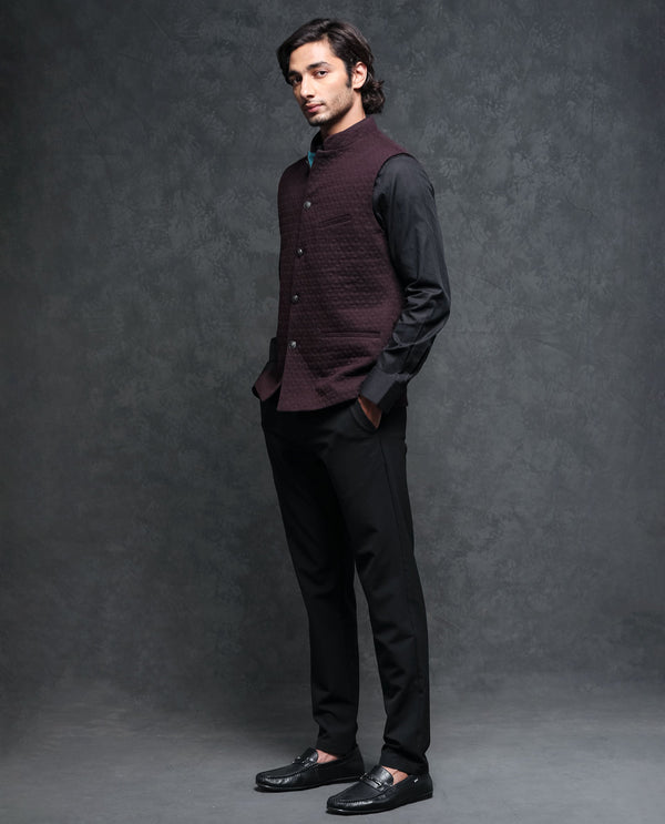 Rare Rabbit Men's Mitzi Dark Maroon Mandarin Collar Tailored Fit Geometric Jacquard Bandi