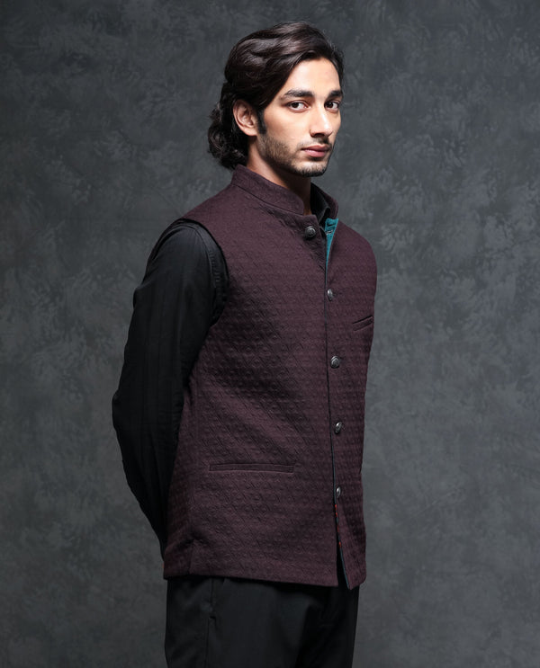 Rare Rabbit Men's Mitzi Dark Maroon Mandarin Collar Tailored Fit Geometric Jacquard Bandi
