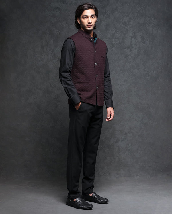 Rare Rabbit Men's Mitzi Dark Maroon Mandarin Collar Tailored Fit Geometric Jacquard Bandi