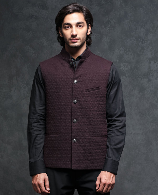 Rare Rabbit Men's Mitzi Dark Maroon Mandarin Collar Tailored Fit Geometric Jacquard Bandi