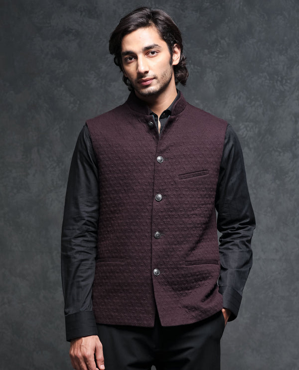 Rare Rabbit Men's Mitzi Dark Maroon Mandarin Collar Tailored Fit Geometric Jacquard Bandi