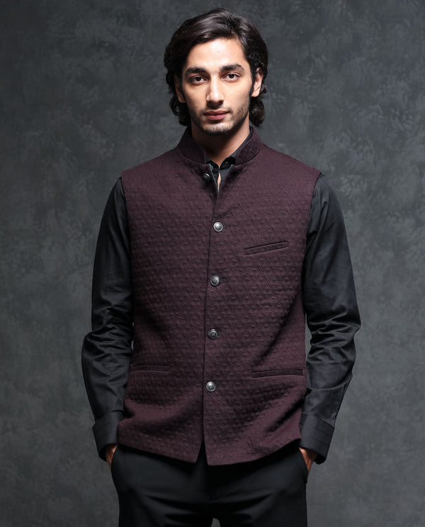 Rare Rabbit Men's Mitzi Dark Maroon Mandarin Collar Tailored Fit Geometric Jacquard Bandi
