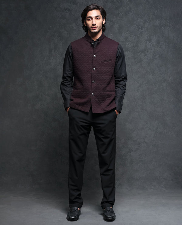 Rare Rabbit Men's Mitzi Dark Maroon Mandarin Collar Tailored Fit Geometric Jacquard Bandi