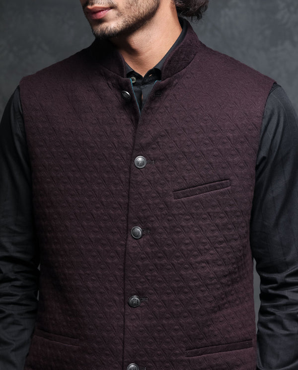 Rare Rabbit Men's Mitzi Dark Maroon Mandarin Collar Tailored Fit Geometric Jacquard Bandi