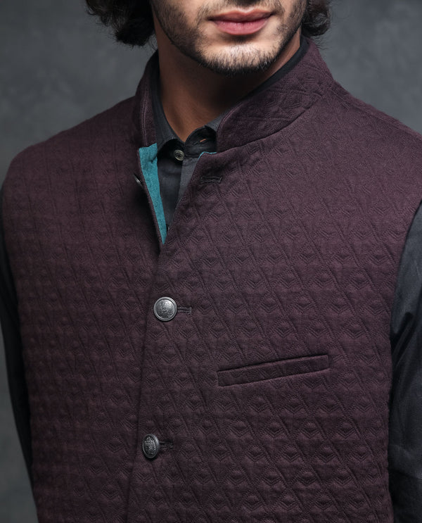 Rare Rabbit Men's Mitzi Dark Maroon Mandarin Collar Tailored Fit Geometric Jacquard Bandi