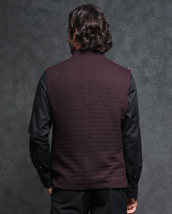 Rare Rabbit Men's Mitzi Dark Maroon Mandarin Collar Tailored Fit Geometric Jacquard Bandi