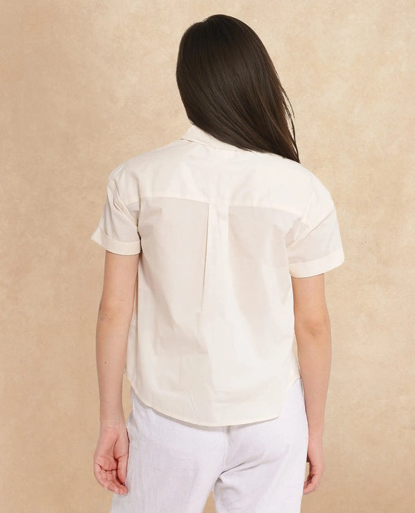Rareism Women Mium Beige Short Sleeve Collared Collar Button Plain Shirt