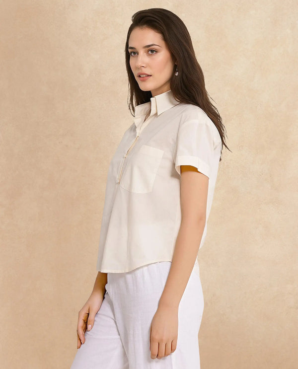 Rareism Women Mium Beige Short Sleeve Collared Collar Button Plain Shirt