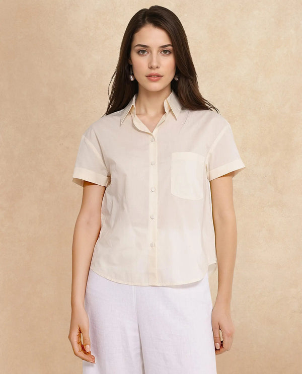 Rareism Women Mium Beige Short Sleeve Collared Collar Button Plain Shirt