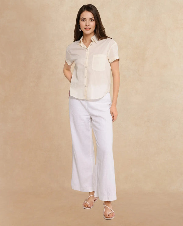 Rareism Women Mium Beige Short Sleeve Collared Collar Button Plain Shirt