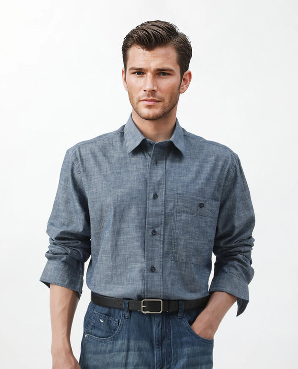 Rare Rabbit Men Mivo Light Blue Cotton Fabric Full Sleeve Collared Neck Plain Shirt