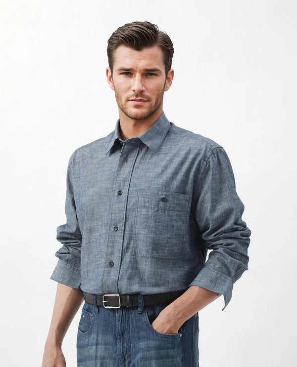 Rare Rabbit Men Mivo Light Blue Cotton Fabric Full Sleeve Collared Neck Plain Shirt