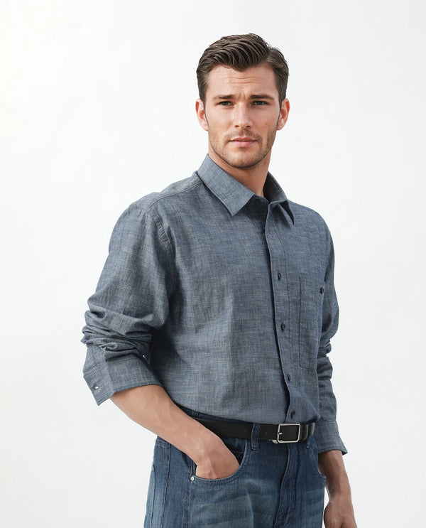 Rare Rabbit Men Mivo Light Blue Cotton Fabric Full Sleeve Collared Neck Plain Shirt