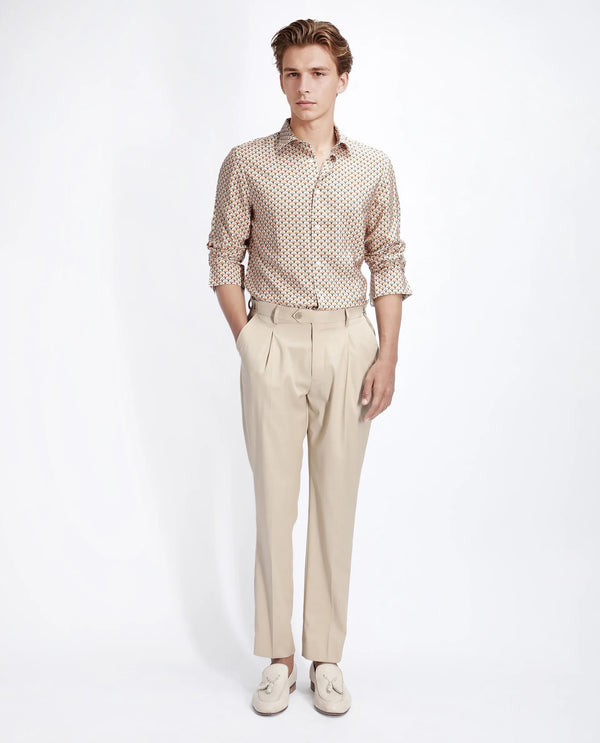 Rare Rabbit Men Miz Beige Viscose Blend Fabric Full Sleeve Spread Collar Button Geometric Print Shirt