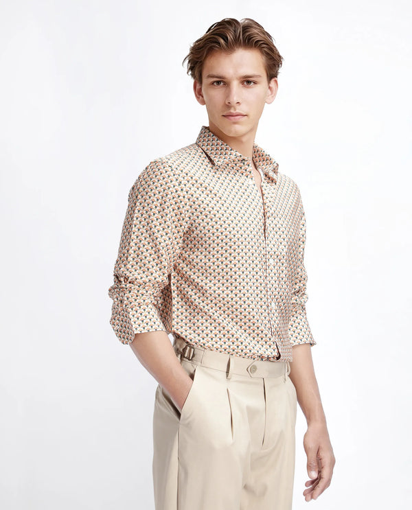 Rare Rabbit Men Miz Beige Viscose Blend Fabric Full Sleeve Spread Collar Button Geometric Print Shirt